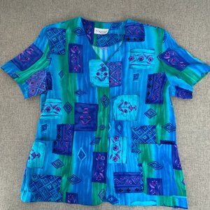 Vintage Kensington Square Button Down Blouse Floral Blue V-Neck‎ Short Sleeve XL